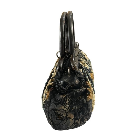 Vintage Unbranded Floral Pattern Beaded Fabric Handbag Satchel Purse Wood Handle - Picture 3 of 16